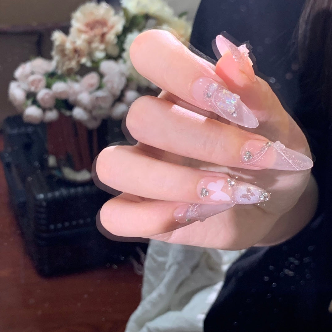 Long Almond Gentle Floating Butterfly Handmade Press On Nails | Removable and Reusable | Free Tool Kit Included