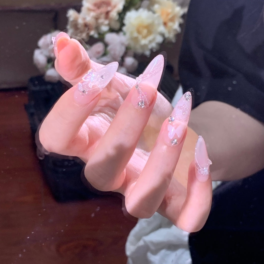 Long Almond Gentle Floating Butterfly Handmade Press On Nails | Removable and Reusable | Free Tool Kit Included
