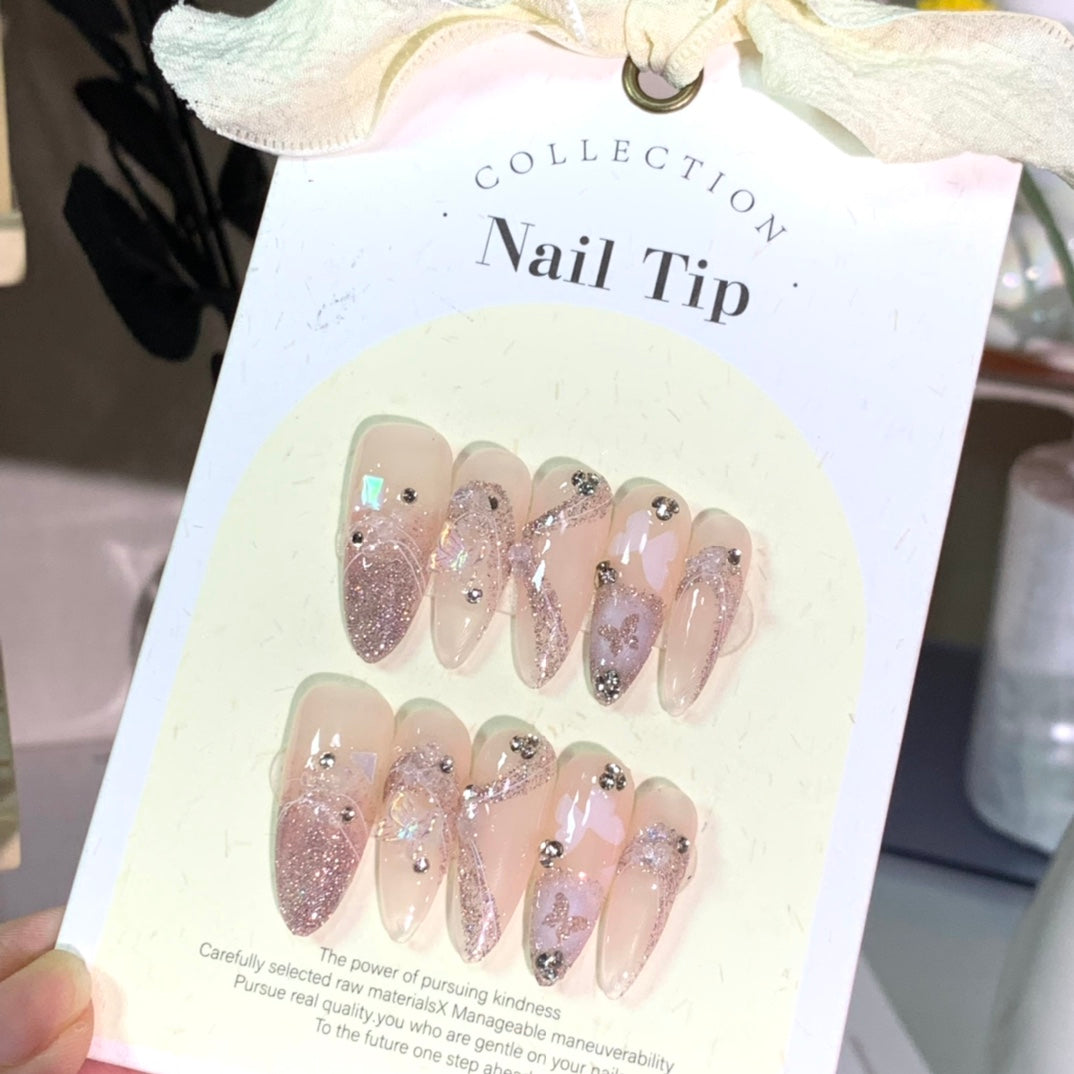 Long Almond Gentle Floating Butterfly Handmade Press On Nails | Removable and Reusable | Free Tool Kit Included