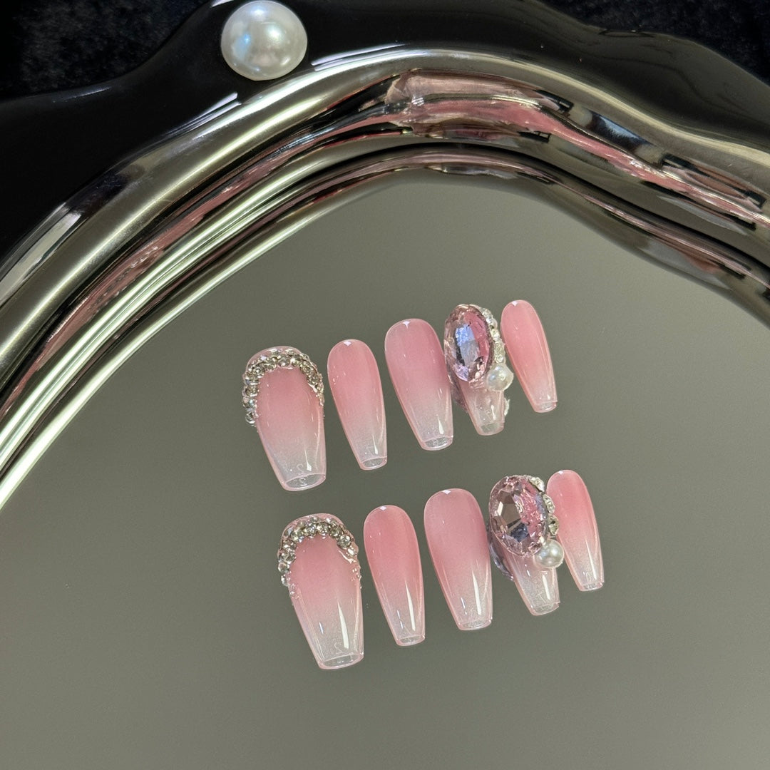 Gradient Blush Gradient Armor | Heart-shaped Fine Chain Sparkling Handcrafted Nails|Free Tool Kit Set Included