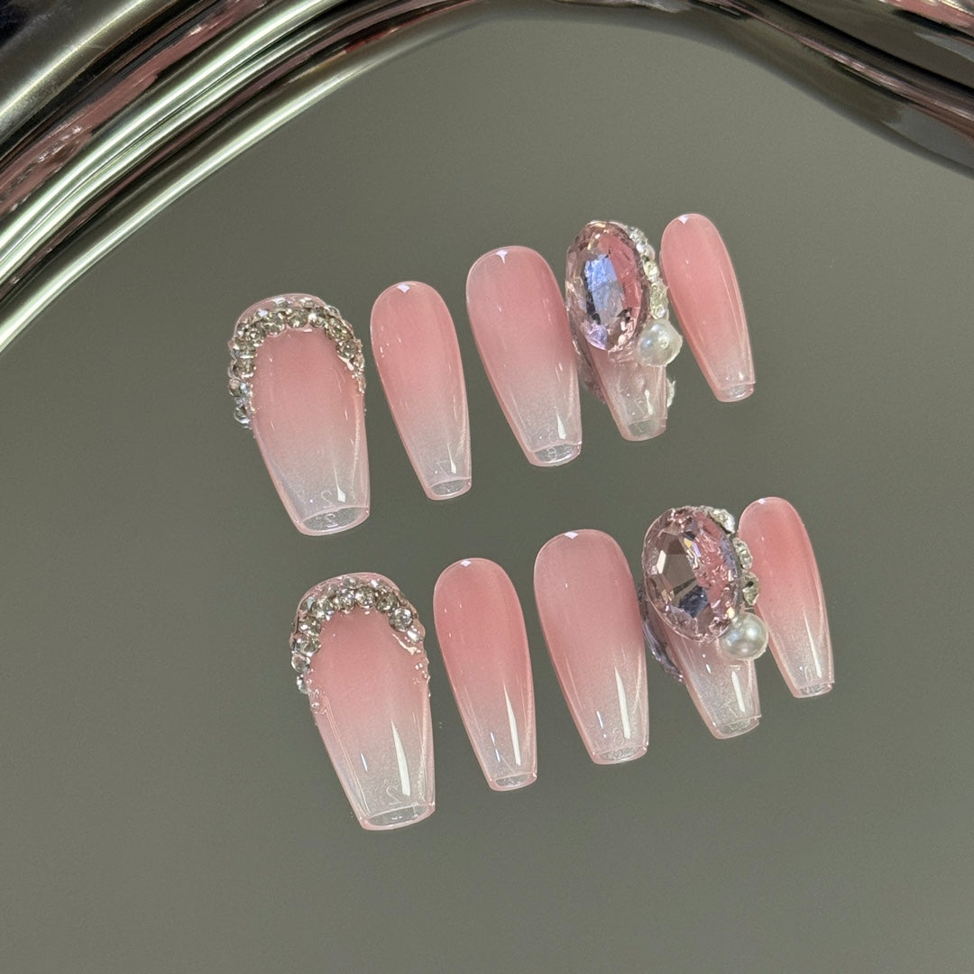 Gradient Blush Gradient Armor | Heart-shaped Fine Chain Sparkling Handcrafted Nails|Free Tool Kit Set Included