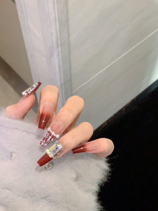 Luxury Long Coffin Handcrafted Press On Nails | Red Good Luck Nails|Free Tool Kit Set Included