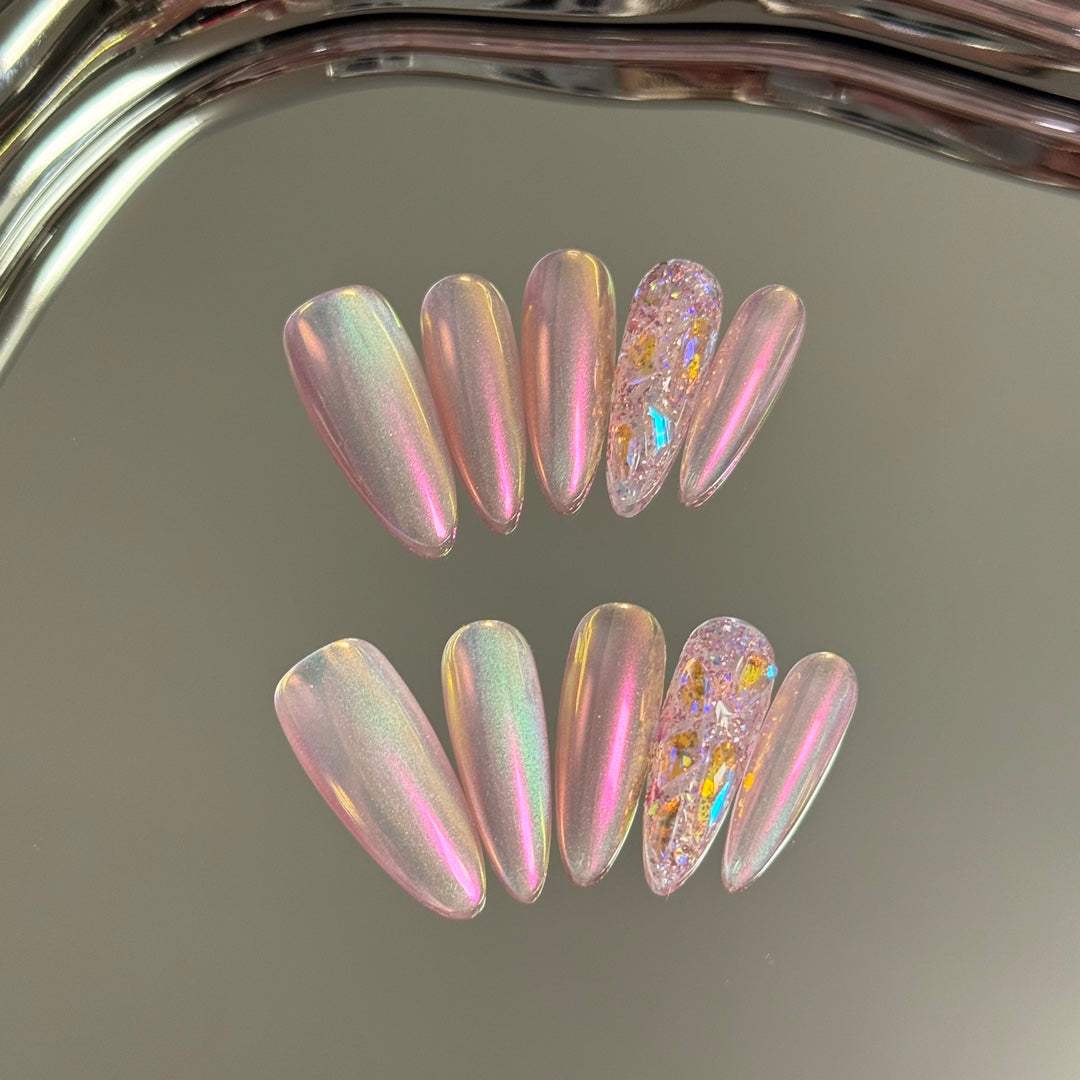 Multicolor Magic Mirror Powder Almond Handcrafted Press On Nails | Detachable, Reusable|Free Tool Kit Set Included