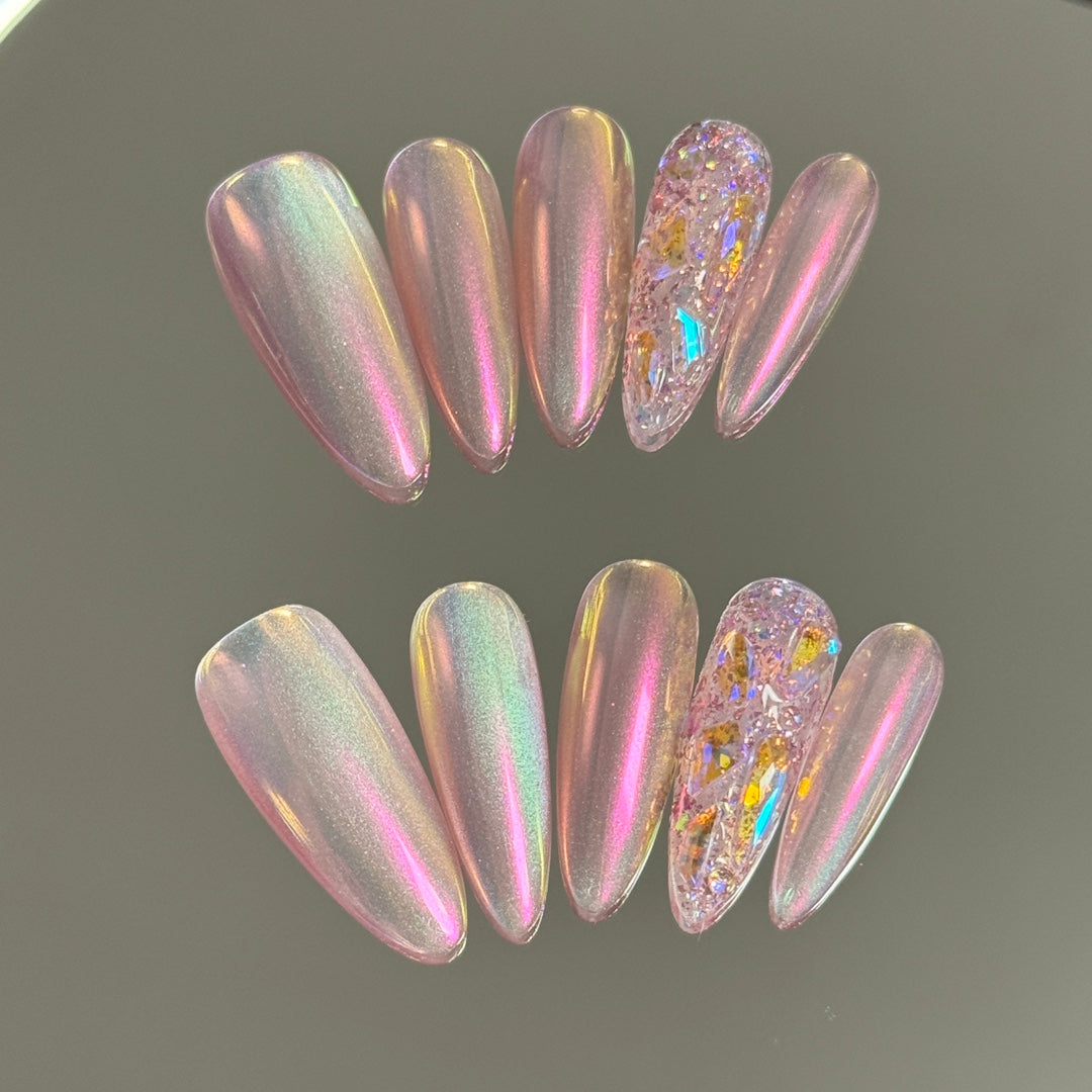 Multicolor Magic Mirror Powder Almond Handcrafted Press On Nails | Detachable, Reusable|Free Tool Kit Set Included