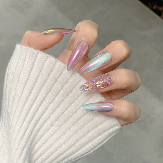 Multicolor Magic Mirror Powder Almond Handcrafted Press On Nails | Detachable, Reusable|Free Tool Kit Set Included