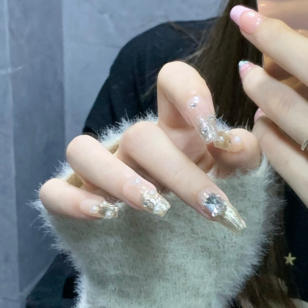 Buccellati Inspired Elegant Handcrafted Press On Nails | Medium Coffin Full-Diamond Luxury Nails|Free Tool Kit Set Included