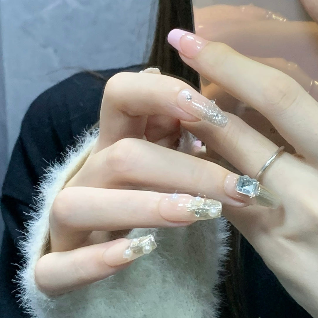 Buccellati Inspired Elegant Handcrafted Press On Nails | Medium Coffin Full-Diamond Luxury Nails|Free Tool Kit Set Included