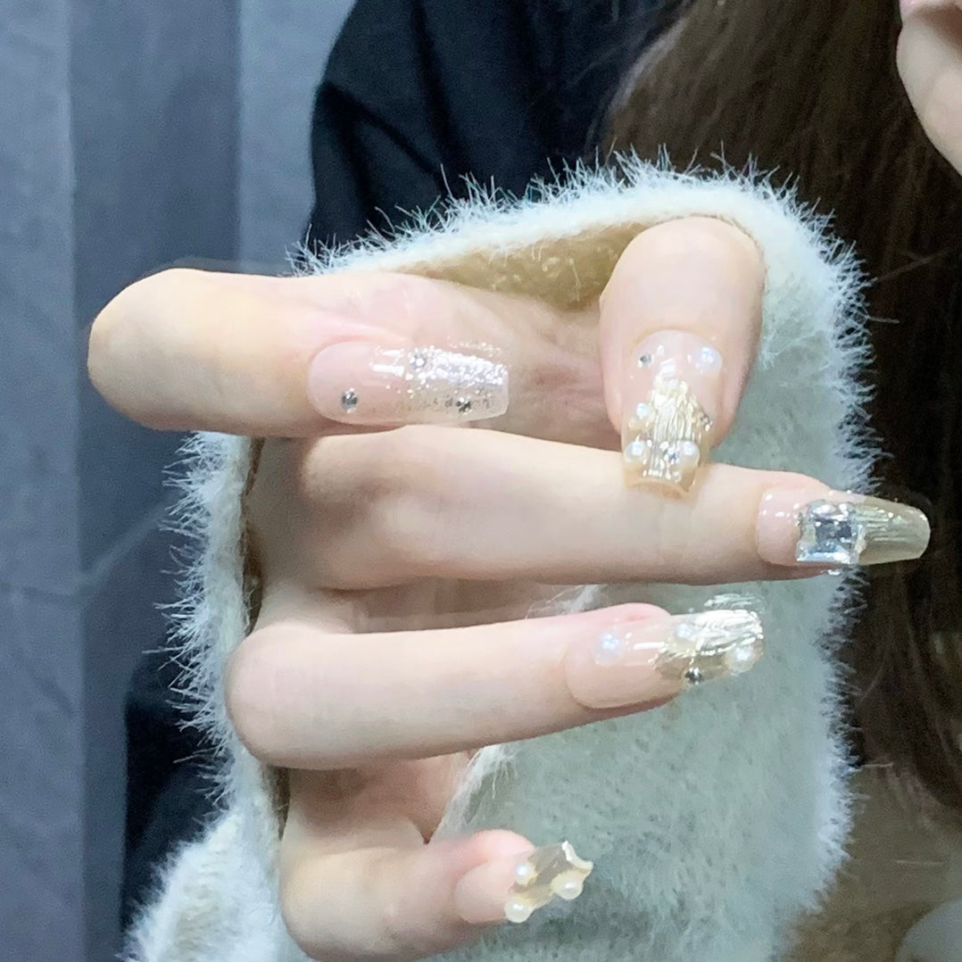 Buccellati Inspired Elegant Handcrafted Press On Nails | Medium Coffin Full-Diamond Luxury Nails|Free Tool Kit Set Included