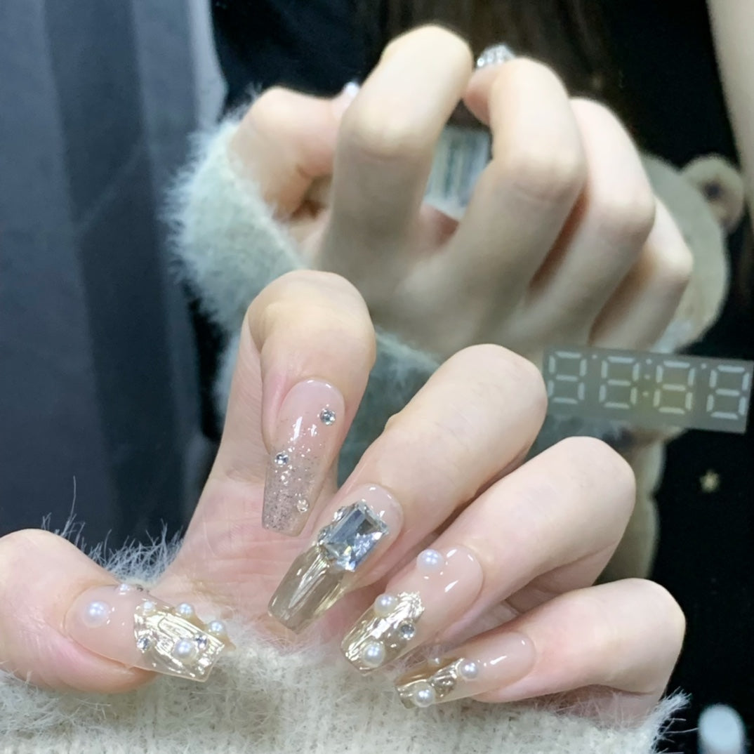 Buccellati Inspired Elegant Handcrafted Press On Nails | Medium Coffin Full-Diamond Luxury Nails|Free Tool Kit Set Included