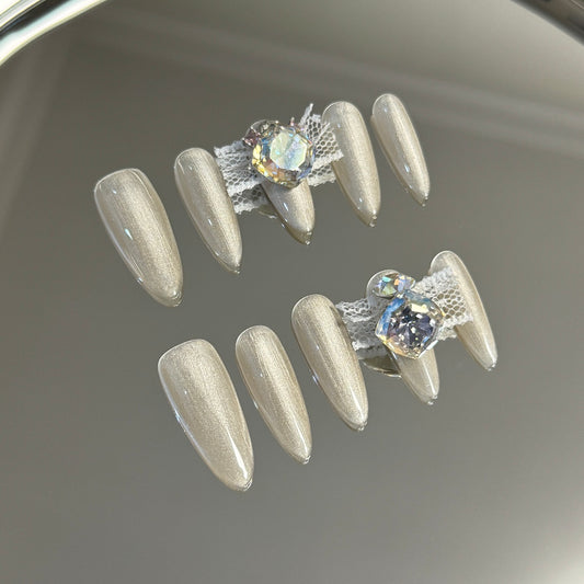 Stunning Bow Tie Ribbon Almond Press On Nails | Handcrafted, Detachable, Reusable|Free Tool Kit Set Included