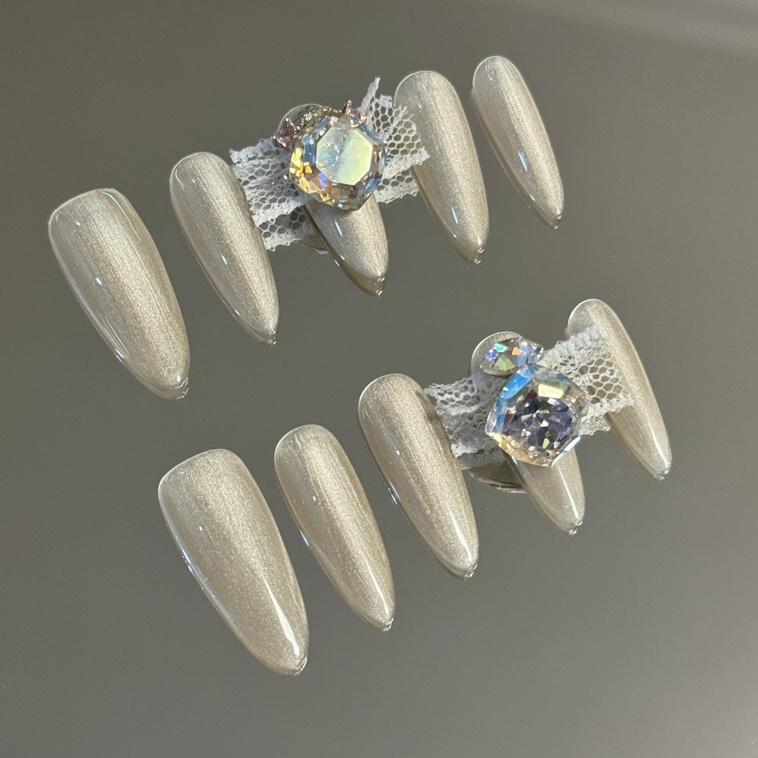 Stunning Bow Tie Ribbon Almond Press On Nails | Handcrafted, Detachable, Reusable|Free Tool Kit Set Included