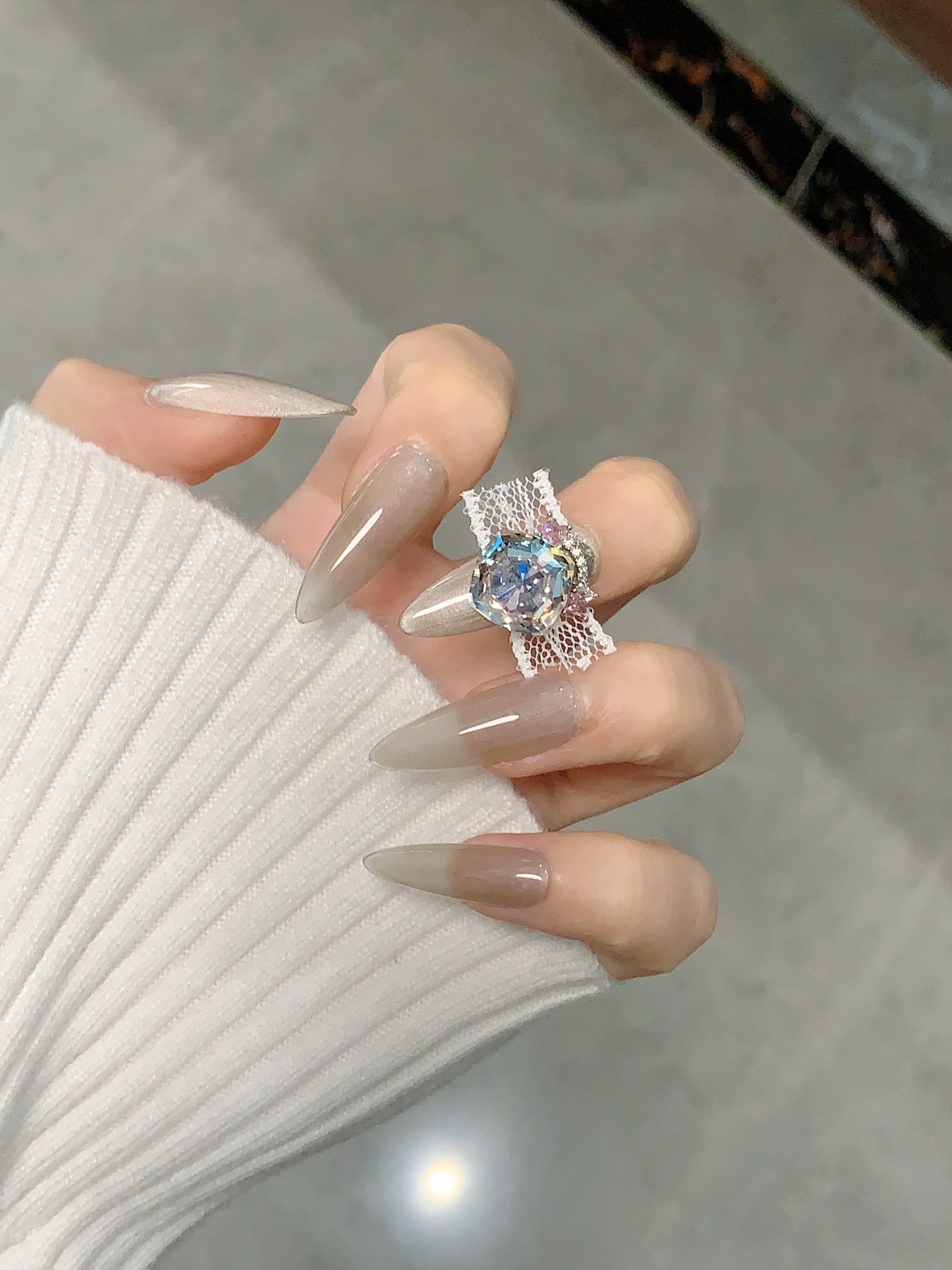 Stunning Bow Tie Ribbon Almond Press On Nails | Handcrafted, Detachable, Reusable|Free Tool Kit Set Included