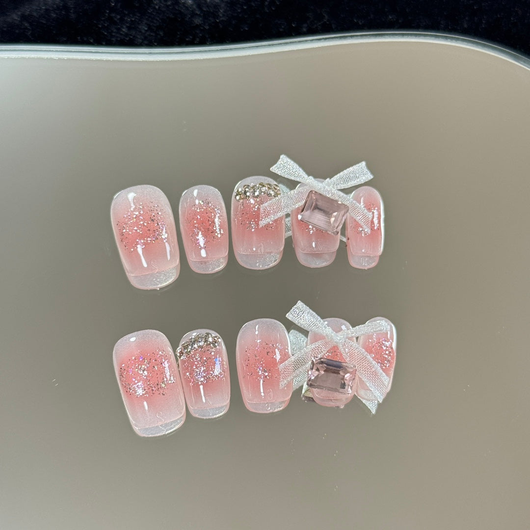 Nude Blush Ombre Short Square Handcrafted Press-On Nails | Adorned with Cute Bow Ties|Free Tool Kit Set Included