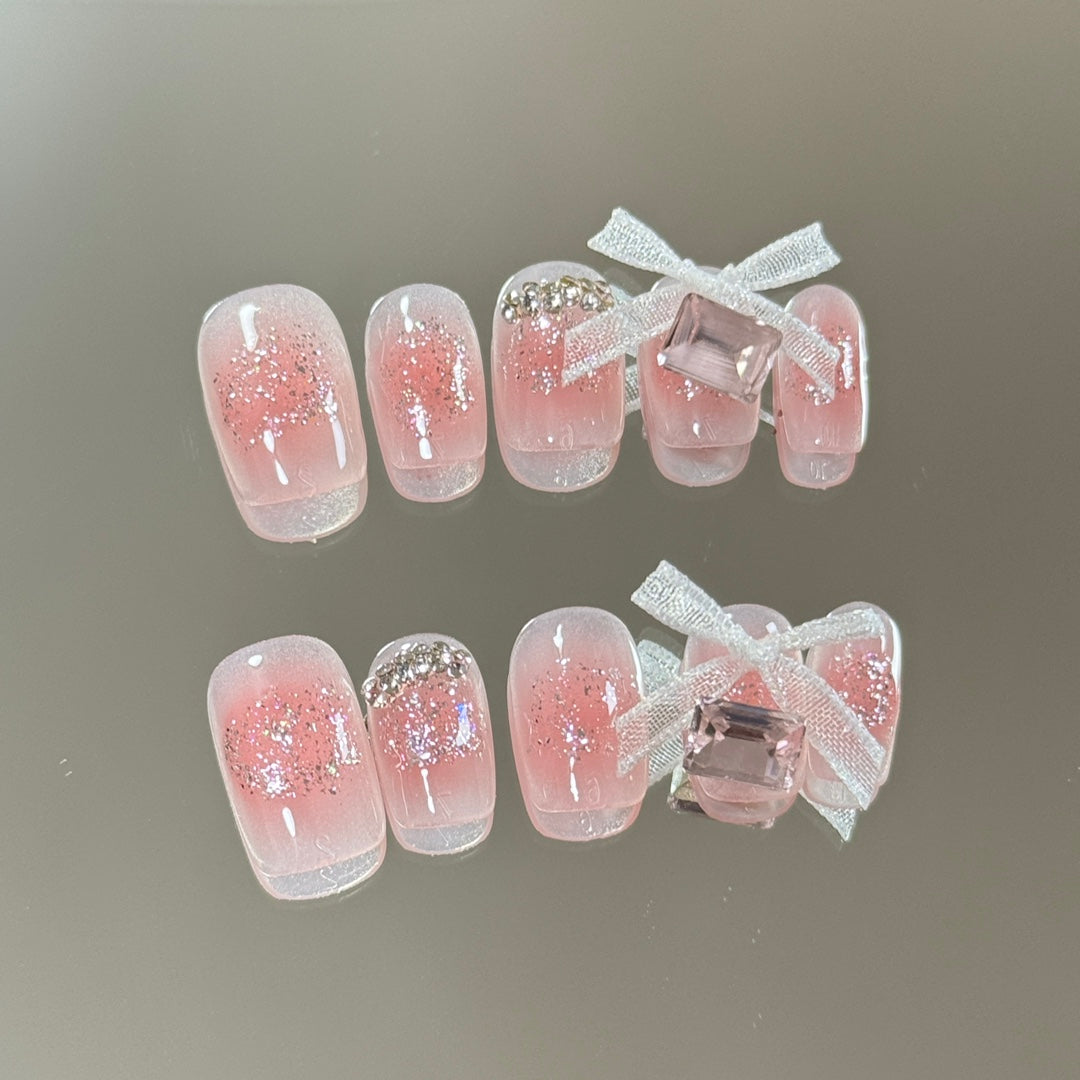 Nude Blush Ombre Short Square Handcrafted Press-On Nails | Adorned with Cute Bow Ties|Free Tool Kit Set Included