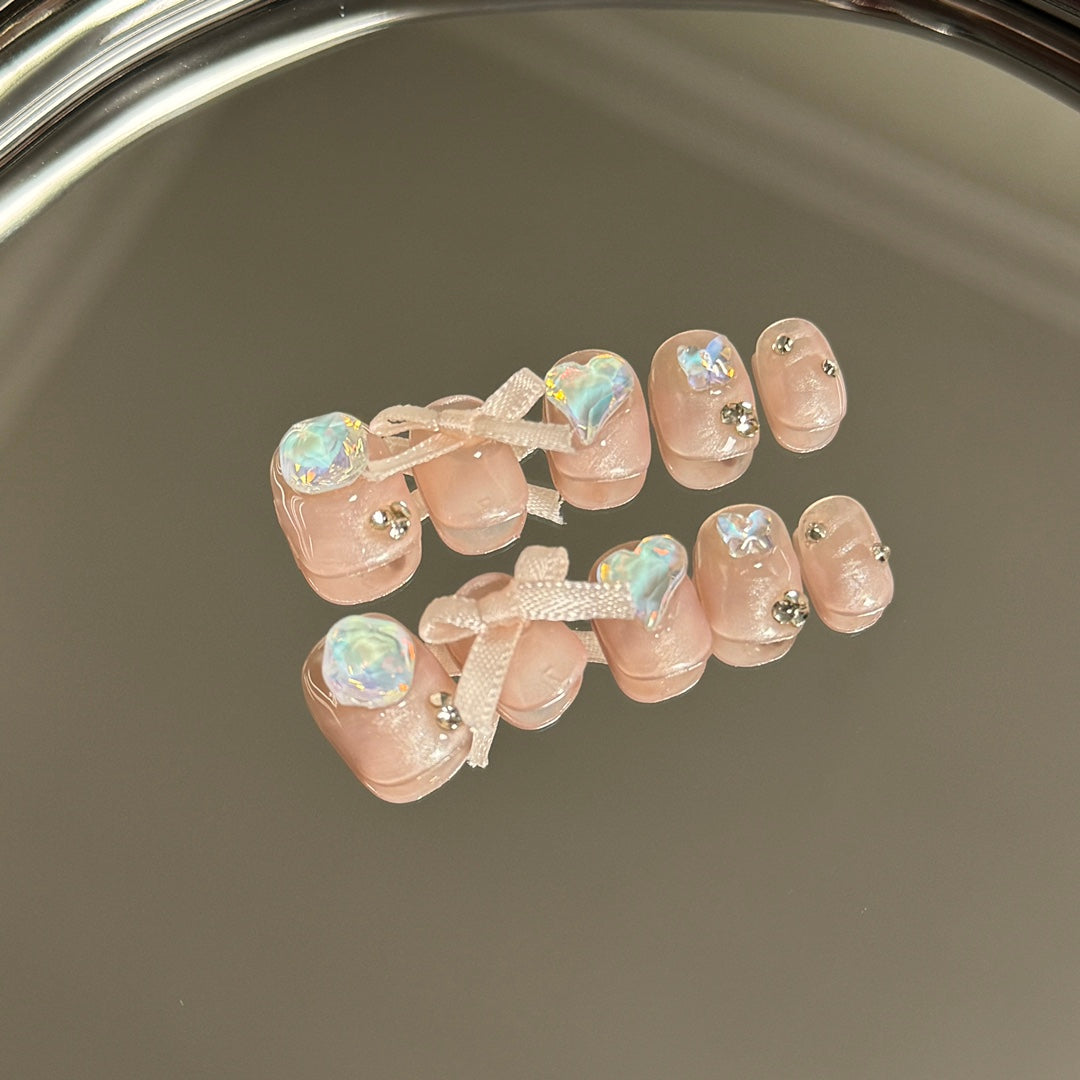 Short Oval French Pink Edge with Bow Tie Handmade Press On Nails | Detachable, Reusable|Free Tool Kit Set Included