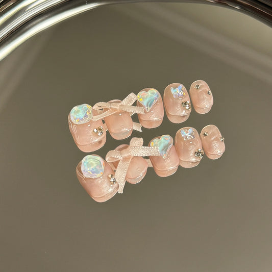 Short Oval French Pink Edge with Bow Tie Handmade Press On Nails | Detachable, Reusable|Free Tool Kit Set Included