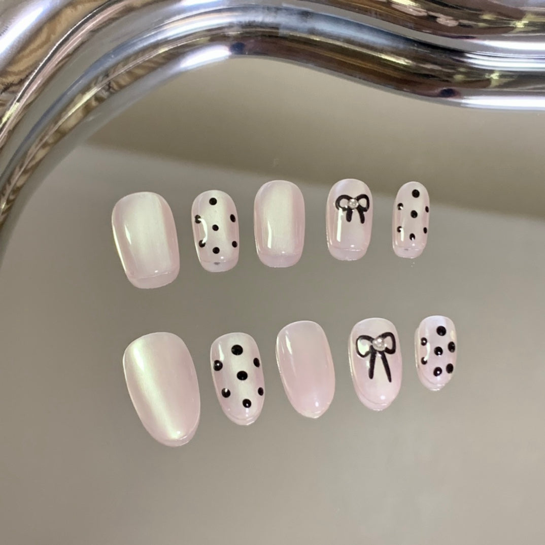 2 Shapes Cat Eye Polka Dot Bow Handmade Press On Nails | Removable & Reusable | Free Tool Kit Included