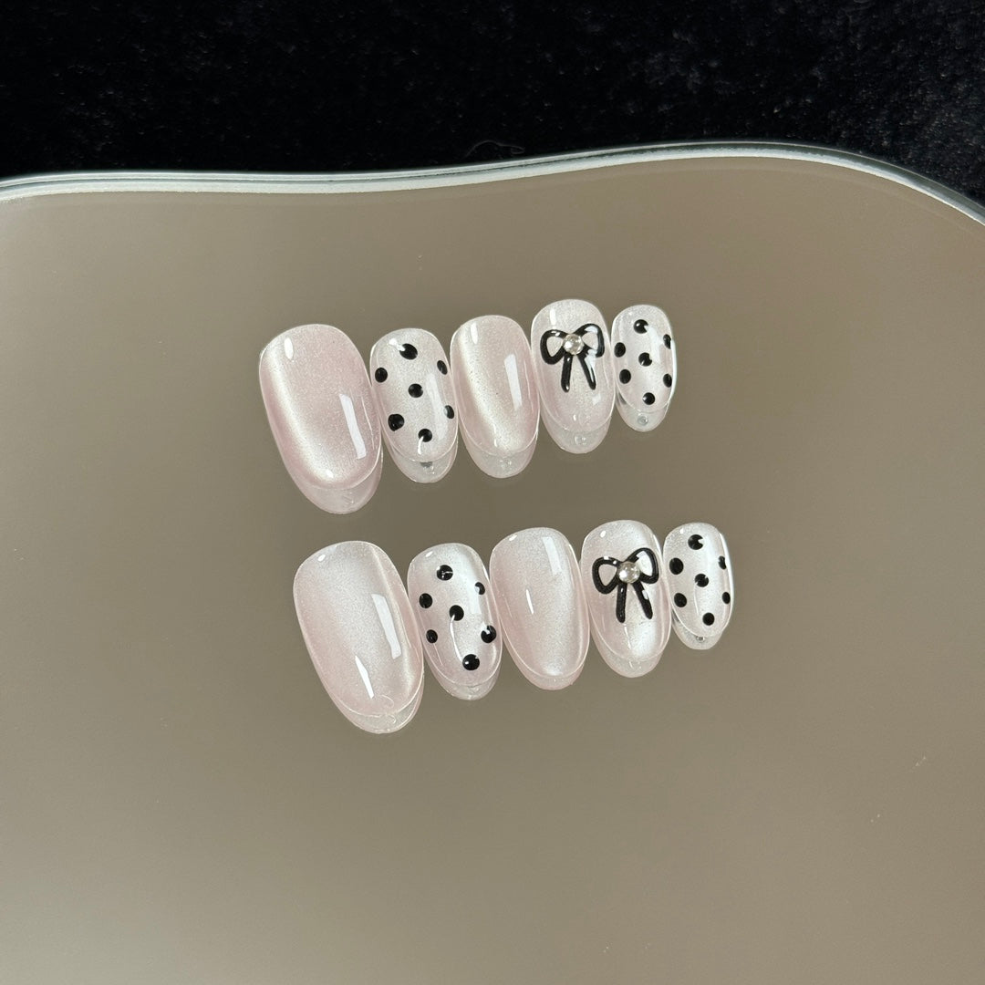 2 Shapes Cat Eye Polka Dot Bow Handmade Press On Nails | Removable & Reusable | Free Tool Kit Included