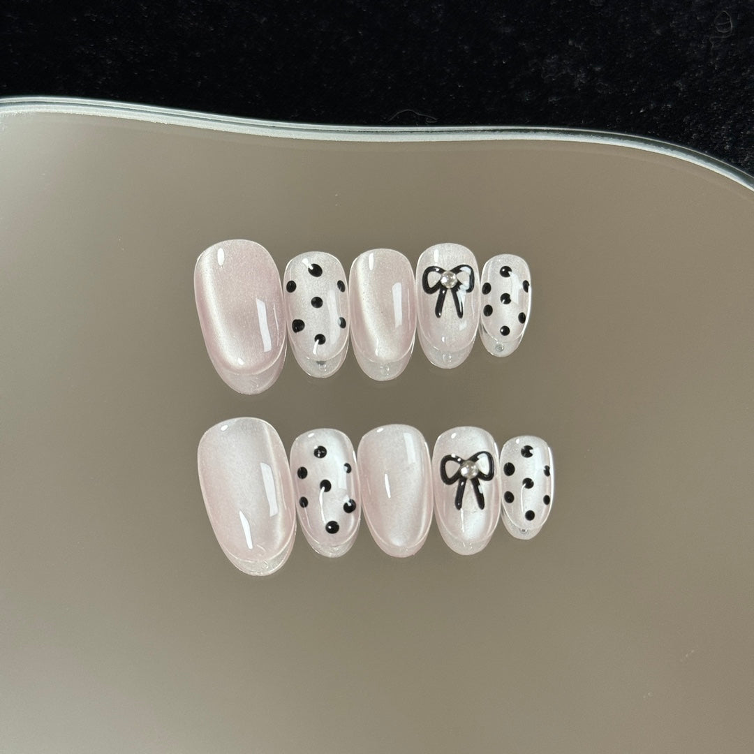 2 Shapes Cat Eye Polka Dot Bow Handmade Press On Nails | Removable & Reusable | Free Tool Kit Included