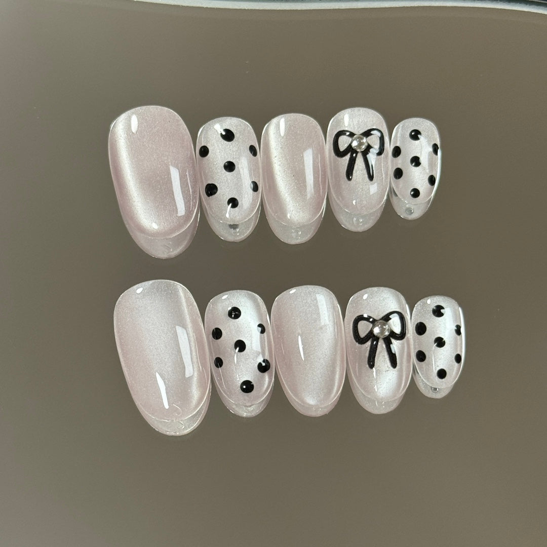 2 Shapes Cat Eye Polka Dot Bow Handmade Press On Nails | Removable & Reusable | Free Tool Kit Included