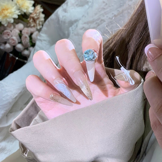 Gentle Hand-Painted Butterfly Long Almond Ombre Handmade Press On Nails | Adorned with Cute 3D Bow Ties | Free Tool Kit Set Included