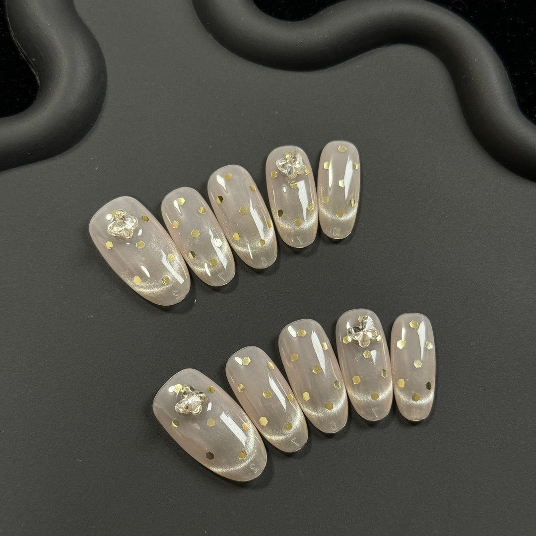 Cat's eye Short Oval Polka Dot Rhinestone Handmade Press On Nails | Removable & Reusable | Free Tool Kit Included