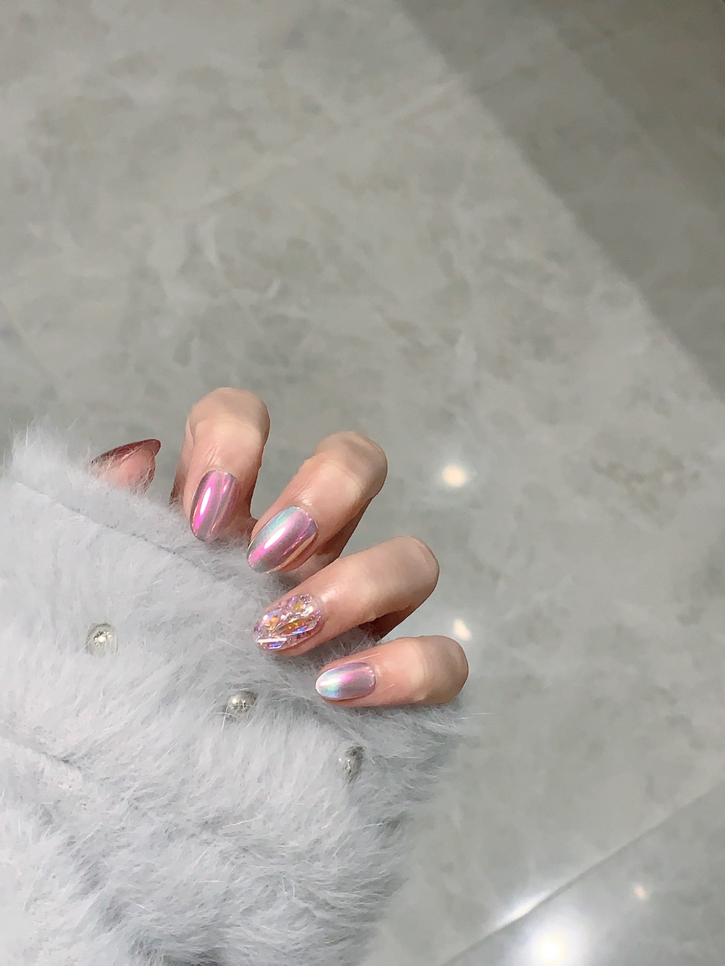 Multicolor Laser Color Short Oval Handmade Press On Nails | Removable and Reusable | Free Tool Kit Included