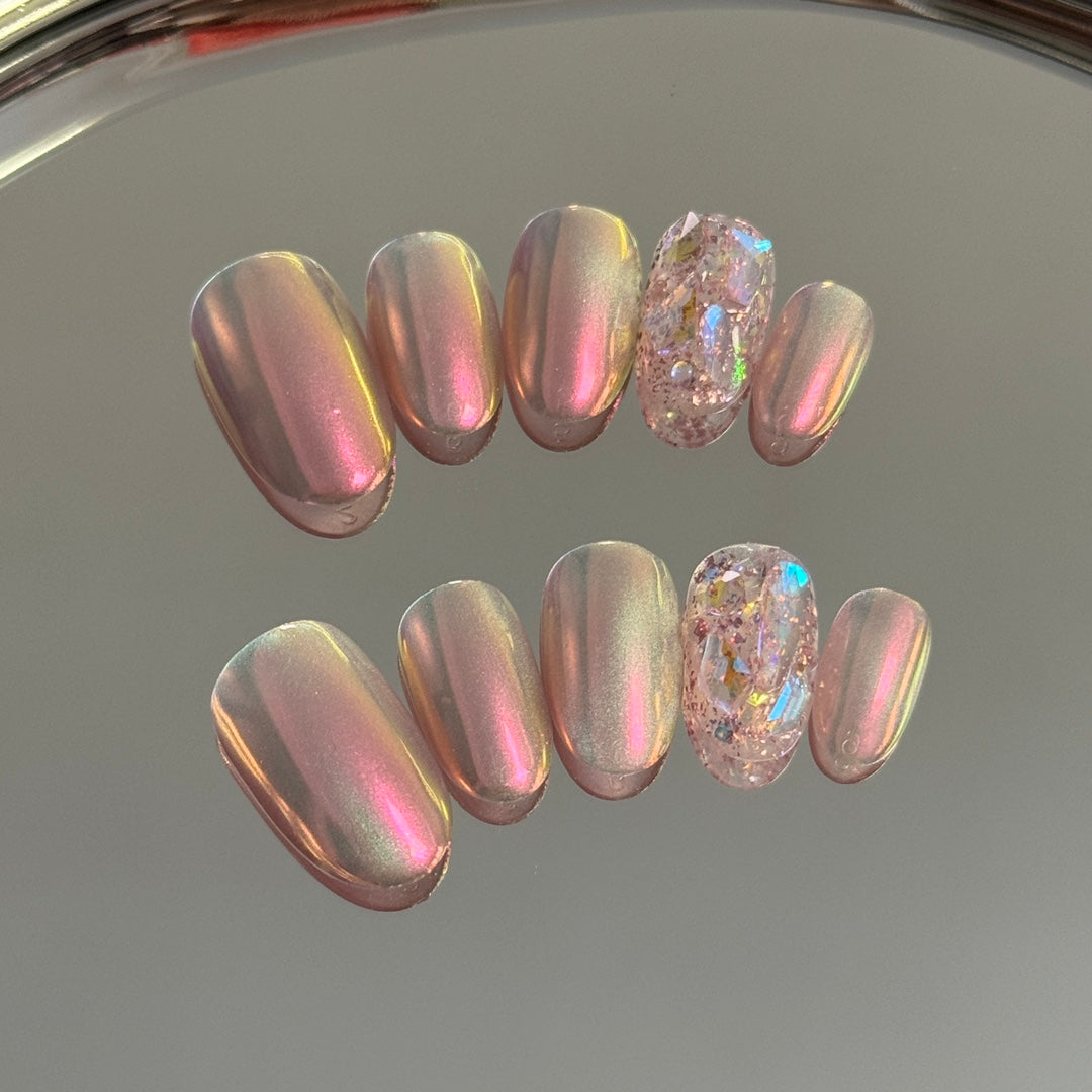Multicolor Laser Color Short Oval Handmade Press On Nails | Removable and Reusable | Free Tool Kit Included