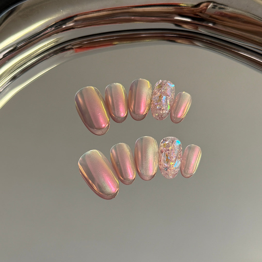 Multicolor Laser Color Short Oval Handmade Press On Nails | Removable and Reusable | Free Tool Kit Included