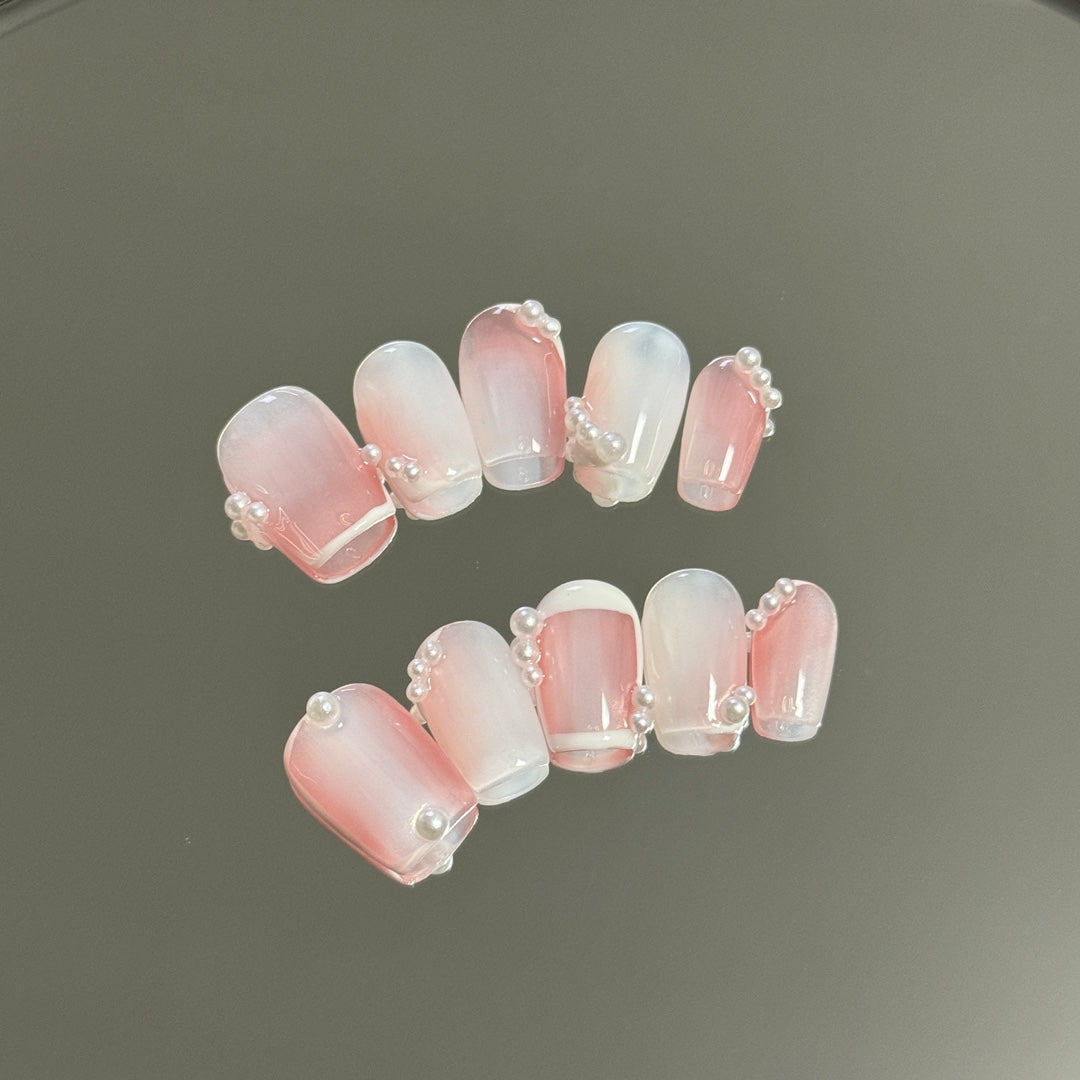 Blush Gradient Short Square Pearl Accented Handmade Press On Nails | Removable and Reusable | Free Tool Kit Included