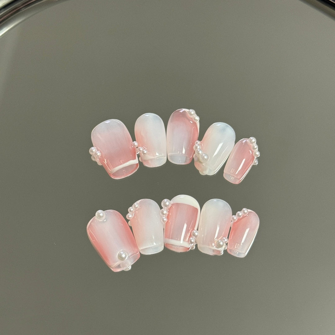 Blush Gradient Short Square Pearl Accented Handmade Press On Nails | Removable and Reusable | Free Tool Kit Included