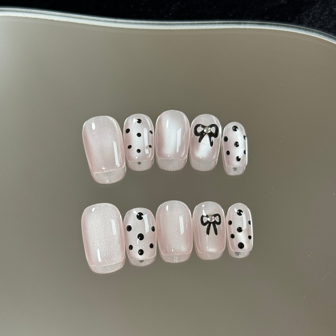 2 Shapes Cat Eye Polka Dot Bow Handmade Press On Nails | Removable & Reusable | Free Tool Kit Included