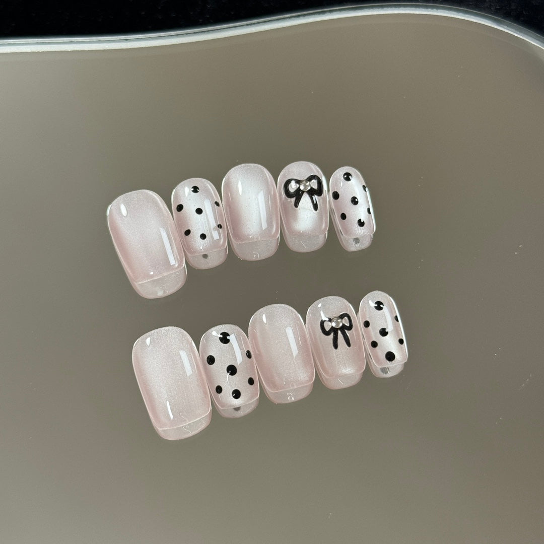 2 Shapes Cat Eye Polka Dot Bow Handmade Press On Nails | Removable & Reusable | Free Tool Kit Included
