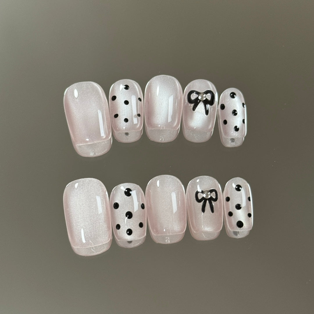 2 Shapes Cat Eye Polka Dot Bow Handmade Press On Nails | Removable & Reusable | Free Tool Kit Included