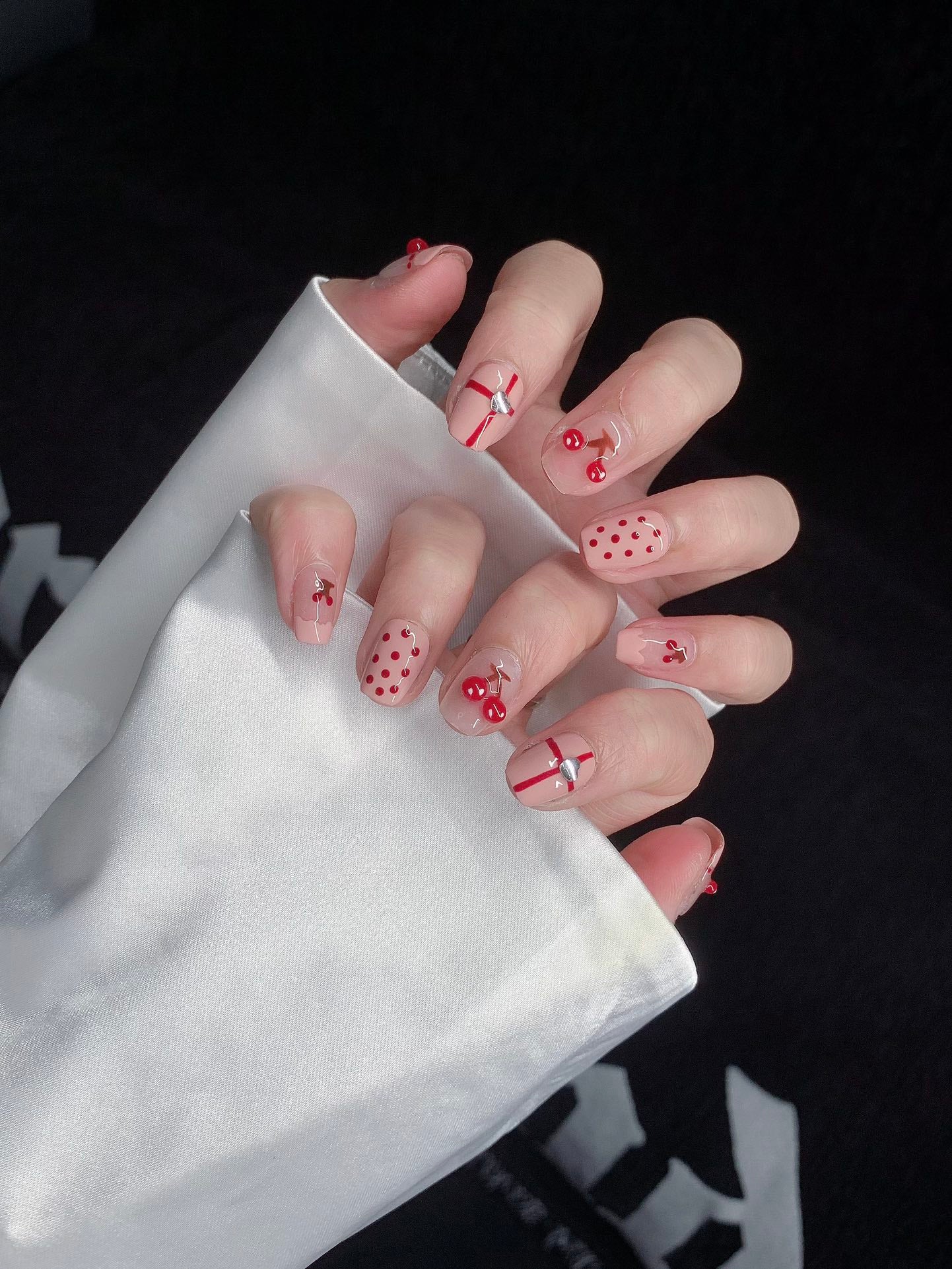 Short Coffin Nude Base with Hand-Painted Red Cherry Handmade Press-On Nails | Detachable and Reusable | Free Toolkit Included