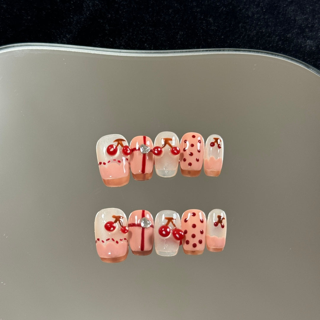 Short Coffin Nude Base with Hand-Painted Red Cherry Handmade Press-On Nails | Detachable and Reusable | Free Toolkit Included