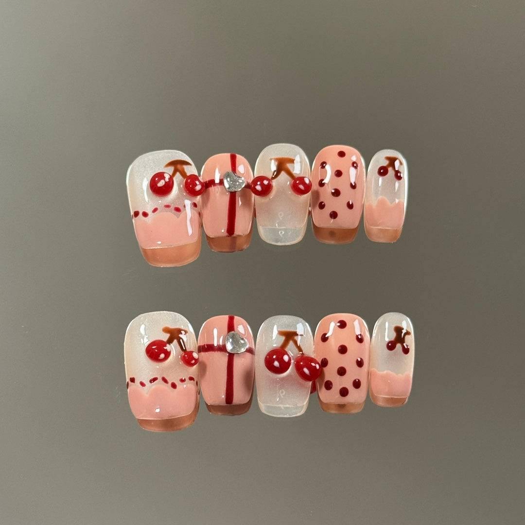 Short Coffin Nude Base with Hand-Painted Red Cherry Handmade Press-On Nails | Detachable and Reusable | Free Toolkit Included