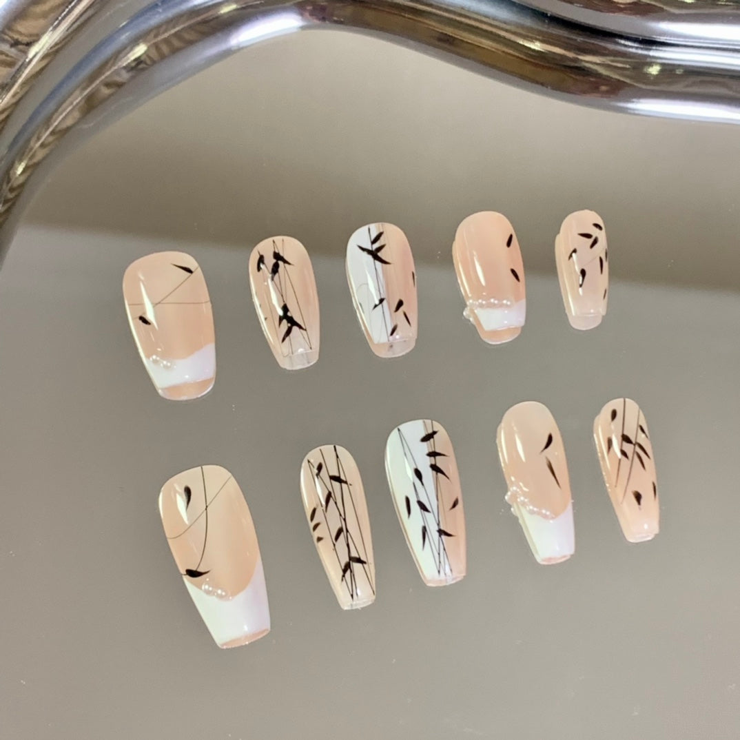 Mid-Coffin Chinese Style French Tip Hand-Painted Bamboo Handmade Press-On Nails | Detachable and Reusable | Free Tool kit Included