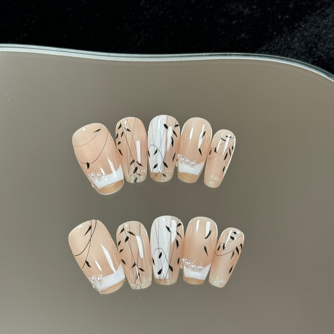 Mid-Coffin Chinese Style French Tip Hand-Painted Bamboo Handmade Press-On Nails | Detachable and Reusable | Free Tool kit Included