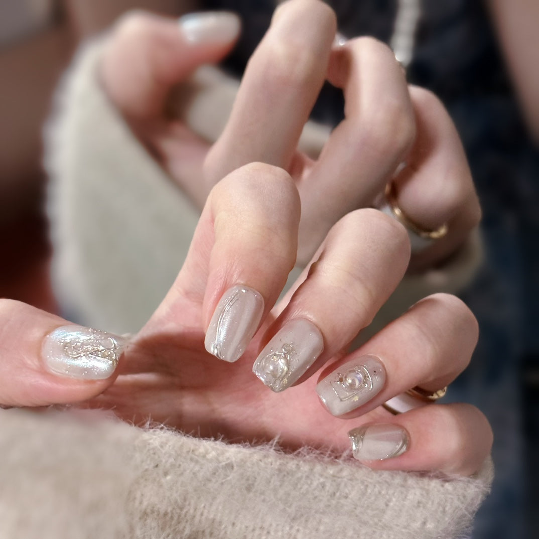 Short Coffin Pearl White Mother-of-Pearl Handmade Press-On Nails | Detachable and Reusable | Free Toolkit Included