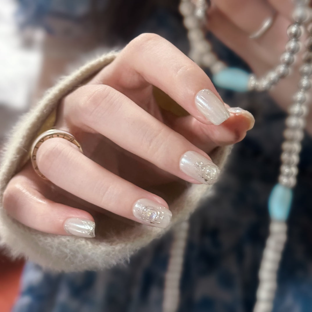 Short Coffin Pearl White Mother-of-Pearl Handmade Press-On Nails | Detachable and Reusable | Free Toolkit Included