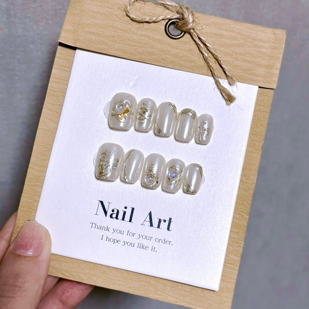 Short Coffin Pearl White Mother-of-Pearl Handmade Press-On Nails | Detachable and Reusable | Free Toolkit Included