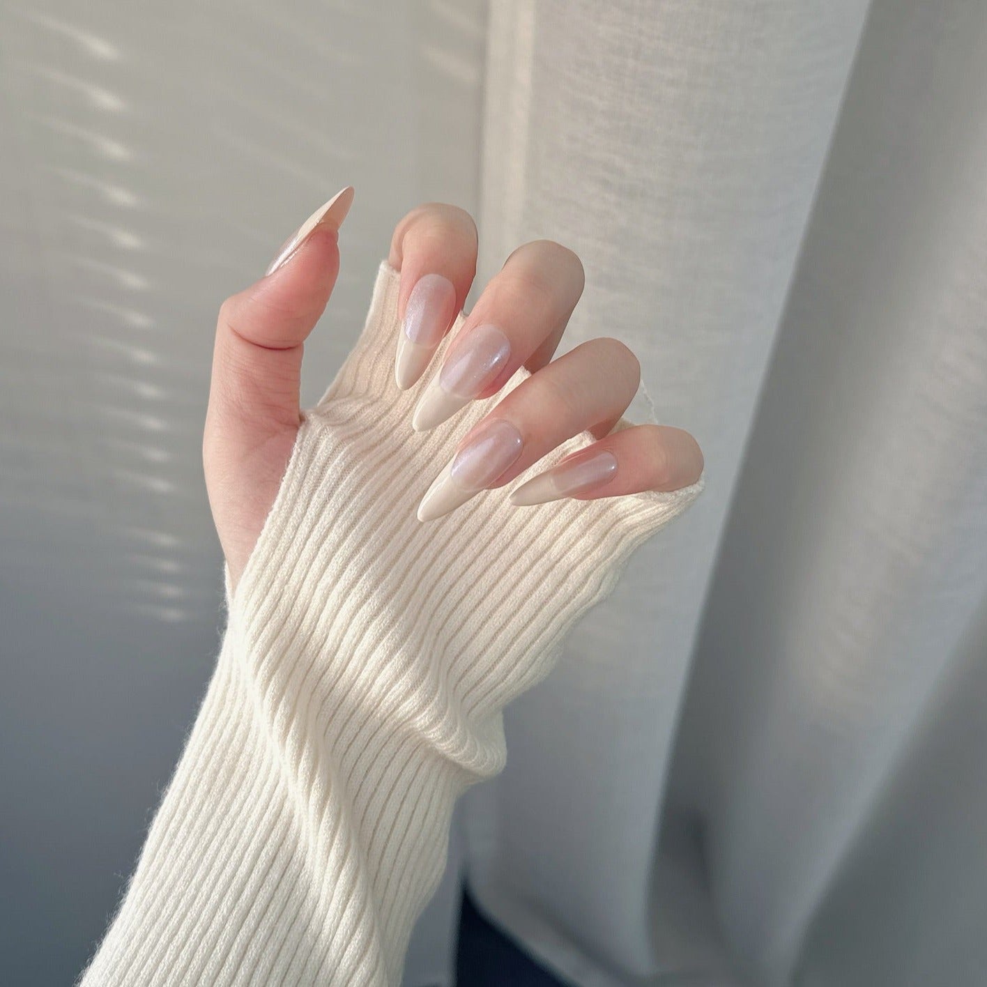 Long Almond Basic French Light Pink Nude Handmade Press-On Nails | Detachable and Reusable | Free Toolkit Included