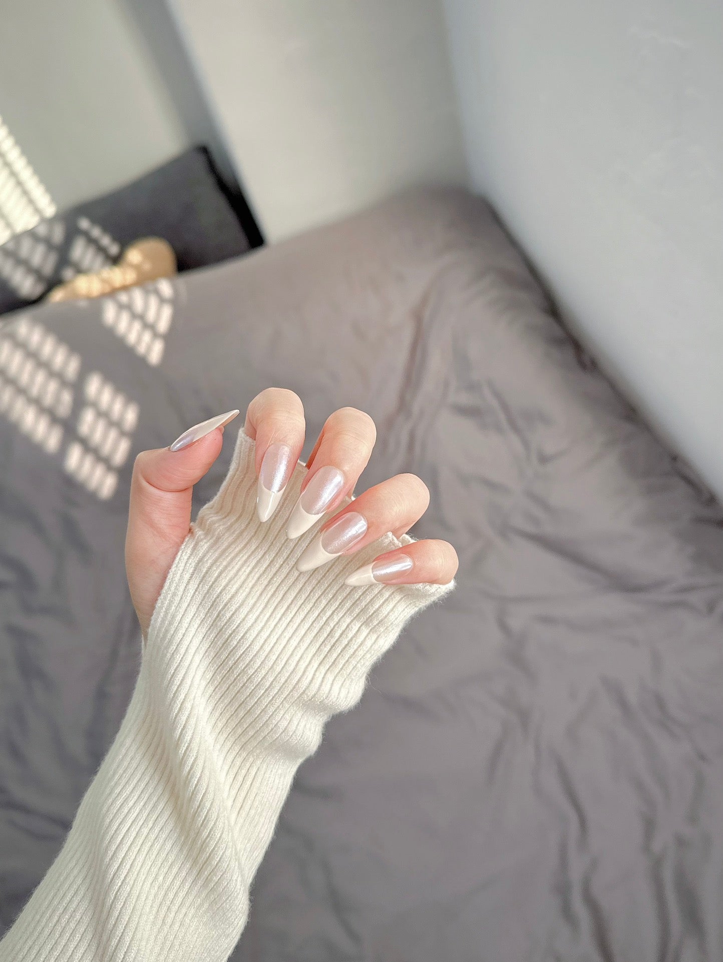 Long Almond Basic French Light Pink Nude Handmade Press-On Nails | Detachable and Reusable | Free Toolkit Included