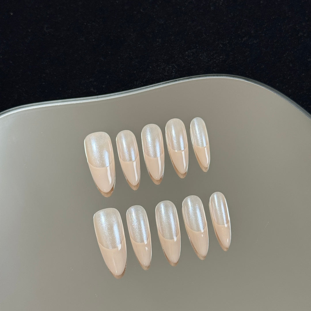 Long Almond Basic French Light Pink Nude Handmade Press-On Nails | Detachable and Reusable | Free Toolkit Included