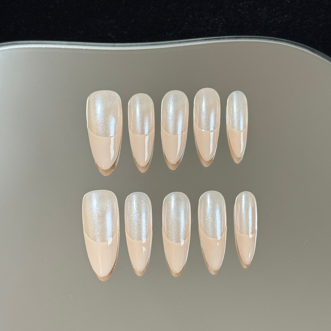 Long Almond Basic French Light Pink Nude Handmade Press-On Nails | Detachable and Reusable | Free Toolkit Included