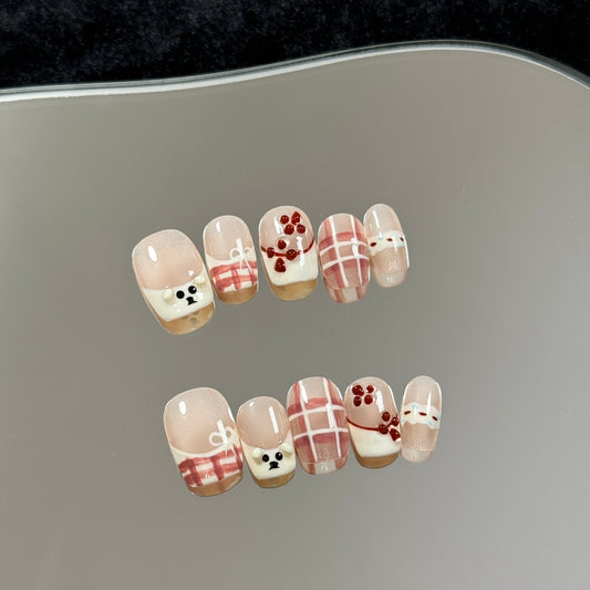 Short Square Cute French Cream Puppy Handmade Press-On Nails | Removable and Reusable | Free Tool Kit Included