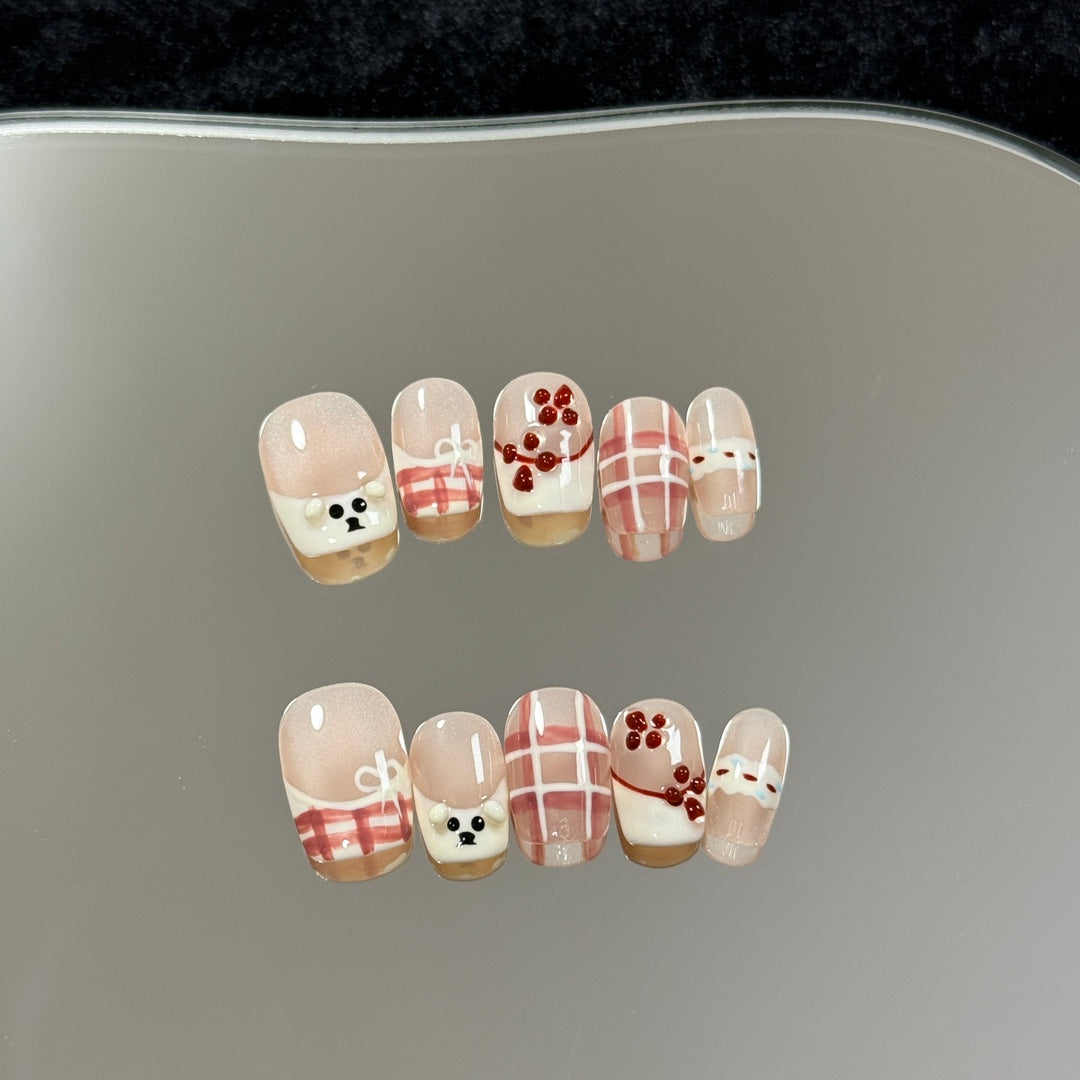 Short Square Cute French Cream Puppy Handmade Press-On Nails | Removable and Reusable | Free Tool Kit Included