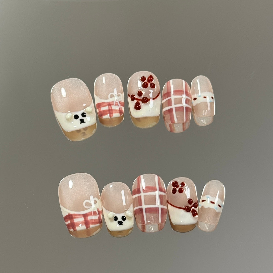 Short Square Cute French Cream Puppy Handmade Press-On Nails | Removable and Reusable | Free Tool Kit Included