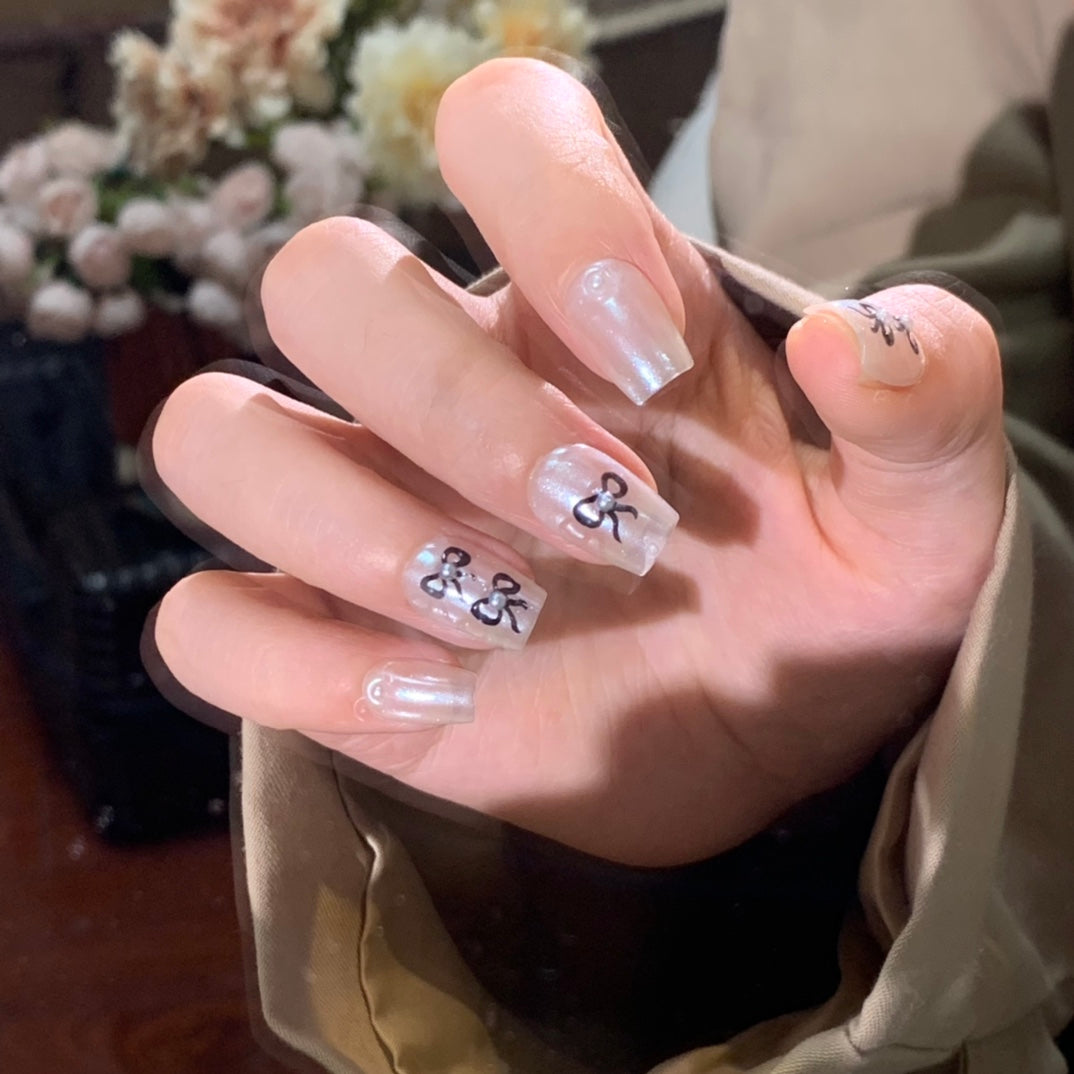 Short Coffin White Pearlescent Hand-Painted Bow Press-On Nails | Removable and Reusable | Free Tool Kit Included